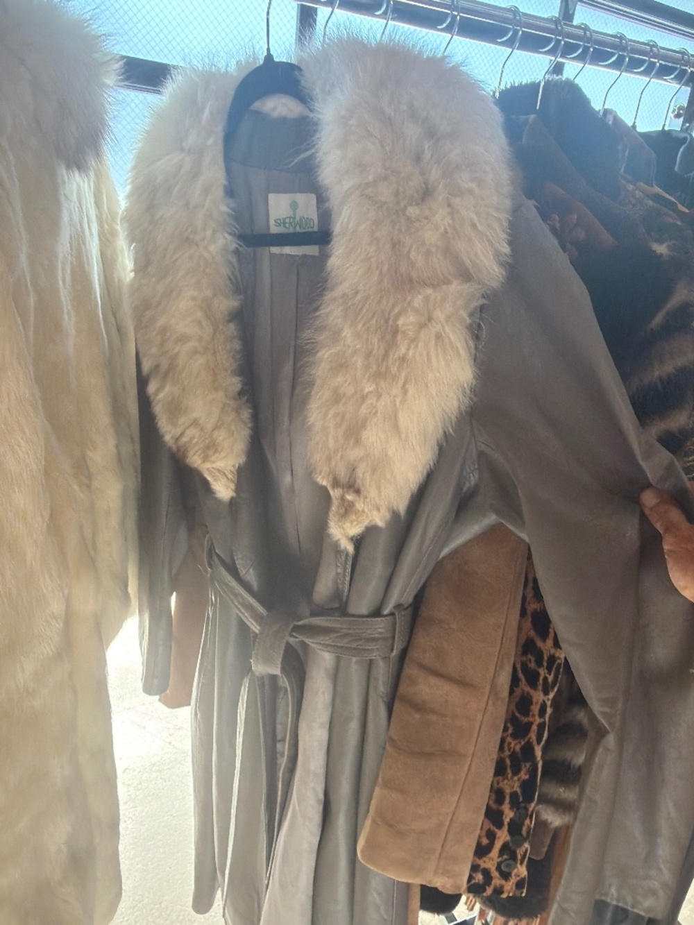 70s leather fur trim trench coat